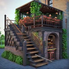 an artistic rendering of a house with stairs leading up to the upper floor and balcony