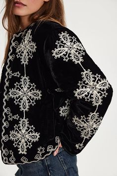 Mia Jacket | Free People Embroidered Velvet Jacket, Vintage Embroidered Jacket, Jacket With Embroidery, Embroidery Coat, Velvet Embroidery, Afghan Clothes, Velvet Jacket, Boho Clothing