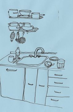 a drawing of a kitchen sink and counter