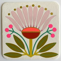 a square tile with pink flowers and green leaves on the bottom, against a white background