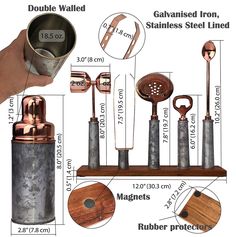 an image of kitchen utensils on display with measurements for each item to be sold