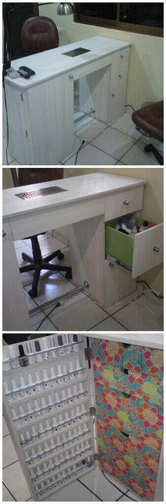 table storage. love the gel polish hidden cupboard Salon Room Ideas, Manicure Station, Nail Desk, Hair And Nail Salon