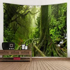 a room with a large tapestry hanging on the wall