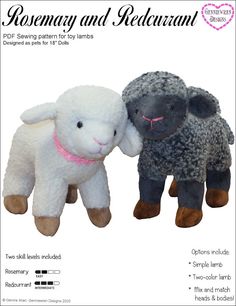 two stuffed lambs are standing next to each other, one is black and the other is white