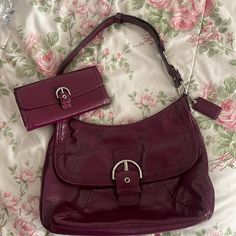 This Beautiful 2-Piece Matching Set Is In Mint Condition! The Exterior Leather Is An Elegant Burgundy. The Interior Is A Pristine Beige Lining. This Bag Has Silver Hardware. Height: 9in Width: 13 In Designer Burgundy Coach Bag, Coach Burgundy Bag, Red Purse, Vintage Burgundy Bag, Vintage Purple Bag For Everyday Use, Burgundy Shoulder Bag With Silver-tone Hardware For Everyday, Y2k Purse, Burgundy Purse, Red Purses