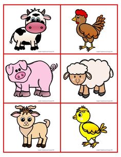 four different pictures of farm animals and their names in red squares, with the words