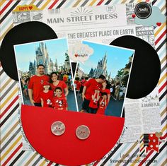 the family is posing in front of mickey mouse's castle