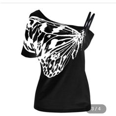 Off Shoulder...Lot Buy As Is Casual Black Tops With Butterfly Print, Casual Black Top With Butterfly Print, Fitted Black Top With Butterfly Print, Black Tops With Butterfly Print For Spring, Black Printed Summer Tops, Ladies T Shirts, Women Tees, Harajuku Outfits, Butterfly Top