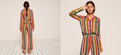 sustainable stripe Pajama Set- reformation Two Piece Pajama Set, College Clothes, Striped Pyjamas, Button Front Top, Matching Pajamas, Comfy Cozy, Drawstring Pants, South Asian, Rainbow Stripes