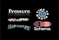 four different logos that are on a black background and one has a smiley face in the middle