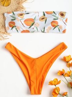 Bandeau Swimwear, Peach Print, Swimsuit Material, Push Up Swimsuit, Swimsuits High Waisted