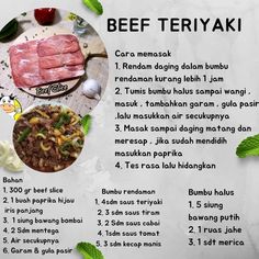 the menu for beef teriyaki is shown with ingredients