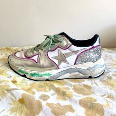 Golden Goose Running Sole Sneakers With Silver Glitter, Fuchsia Edging, And Mint Green Laces/Accents Very Lightly Worn. Comes With Original Ggdb Dust Bag And Authenticity Passport! Size 38 - Fits Like An 8/8.5 Comment Questions And Make Offers Willing To Work With You!! Golden Goose Running Sole, Goose Shoes, Sole Sneakers, Golden Goose Shoes, Green Lace, Golden Goose, Silver Glitter, Womens Shoes Sneakers, Mint Green