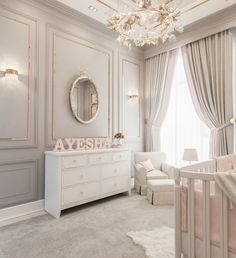 a baby's room with a chandelier, dresser and crib in it