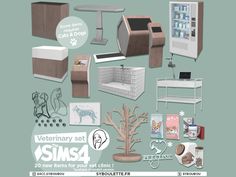 an advertisement for the veterinary set with various items in front of it, including a dog's kennel and cat's litter box