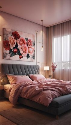 a bedroom with a large painting on the wall and a bed covered in pink sheets