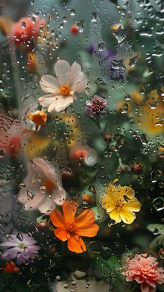 colorful flowers are seen through the raindrops on a window