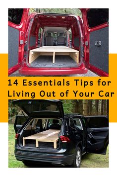 the back end of a red van with an open trunk and wooden table in it