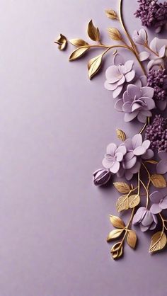 purple flowers and gold leaves on a light purple background