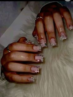 Short Bling Acrylic Nails, Pink Frenchies, Rich Rich, French Tip Acrylic Nails