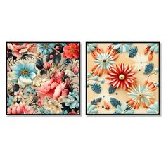 two paintings with flowers and leaves on them