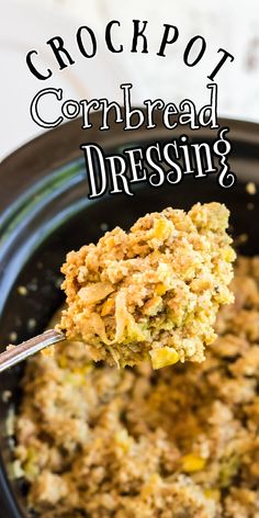 crock pot cornbread dressing in a black bowl with a spoon full of it