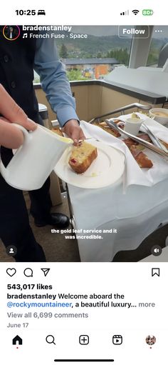 someone is serving food on a plate with a plastic container in front of them and another person holding a white cup