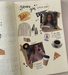 an open notebook with pictures and words on it, including coffee, pizza, books