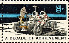 a stamp with an image of astronauts on the moon