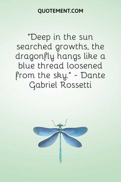 a blue dragon flys through the sky with a quote above it that reads, deep in the sun seached crowns, the dragonfly hangs like a blue thread