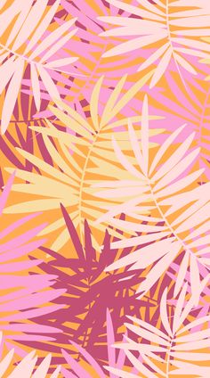 an orange and pink background with palm leaves