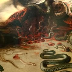 an image of a painting with snakes on the ground and blood coming out of it