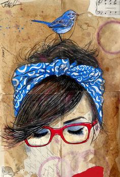 a painting of a woman with glasses and a blue headband on her head, has a bird perched on top of her head