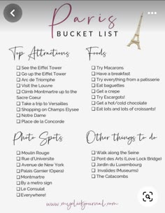 the paris bucket list is shown in pink