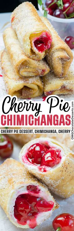 cherry pie chimichangas are stacked on top of each other and ready to be eaten