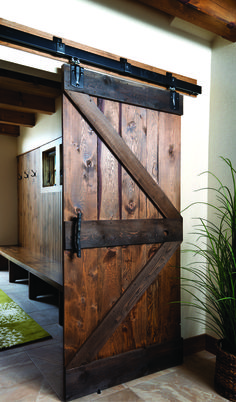 an open wooden door in the middle of a room with a green rug and potted plant