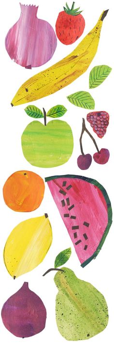 a drawing of fruits and vegetables on a white background