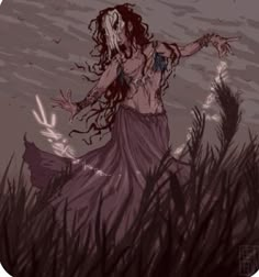 a drawing of a woman with blood on her face and arms, standing in tall grass