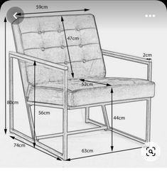 a drawing of a chair with measurements for the seat and back, as well as an arm rest