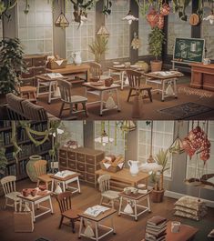 two pictures of the same room with chairs and tables