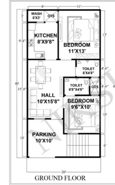 the ground plan for a small house with three bedroom and two bathrooms, which are located in