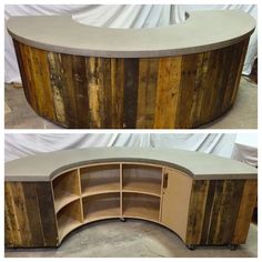 two pictures of a curved counter made out of wood