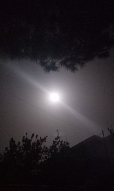 the light is shining brightly in the dark night sky above some trees and power lines