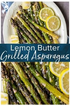 lemon butter grilled asparagus on a white plate