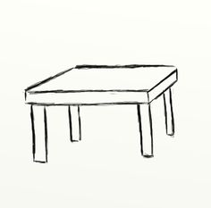 a black and white drawing of a table with one leg on the table, but without legs