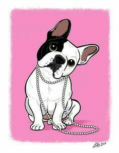 a drawing of a dog with a chain around it's neck on a pink background