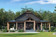 this is an artist's rendering of a small house in the woods with porches