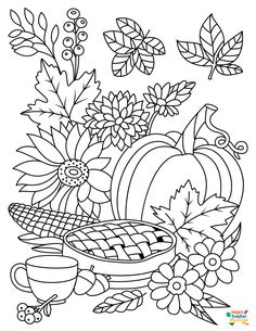 a coloring page with flowers, leaves and a basket full of pumpkins on it