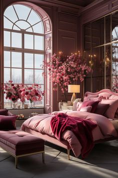 a bedroom with large windows and pink bedding