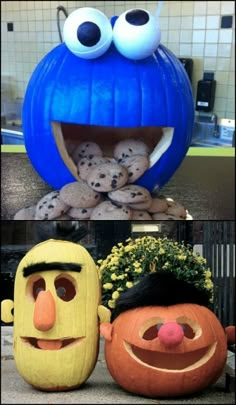 two pumpkins that have faces on them and one has an image of cookie monster